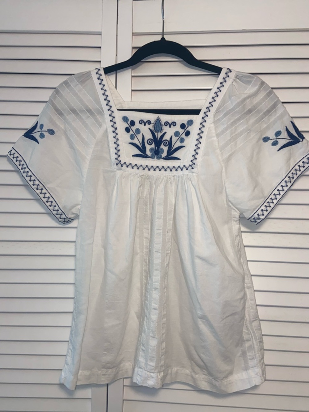 Madewell Alma Embroidered Peasant Top White W/ Blue Stitch Woman’s S